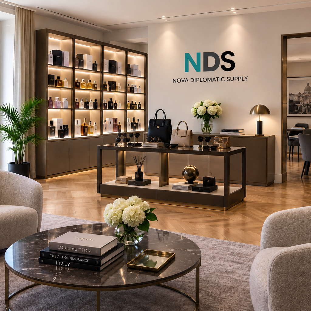 The NDS Diplomatic Showroom — lounge seating, fragrance and beauty display, and merchandising table, Viale Libano 80, Rome