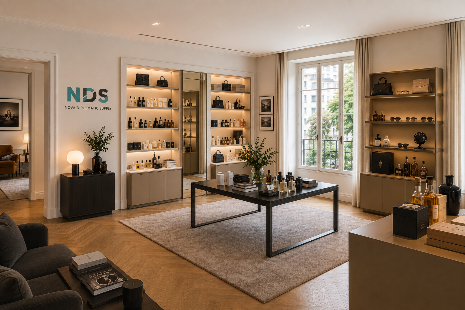 The NDS Diplomatic Showroom — fragrance and accessory display, and central table, Viale Libano 80, Rome